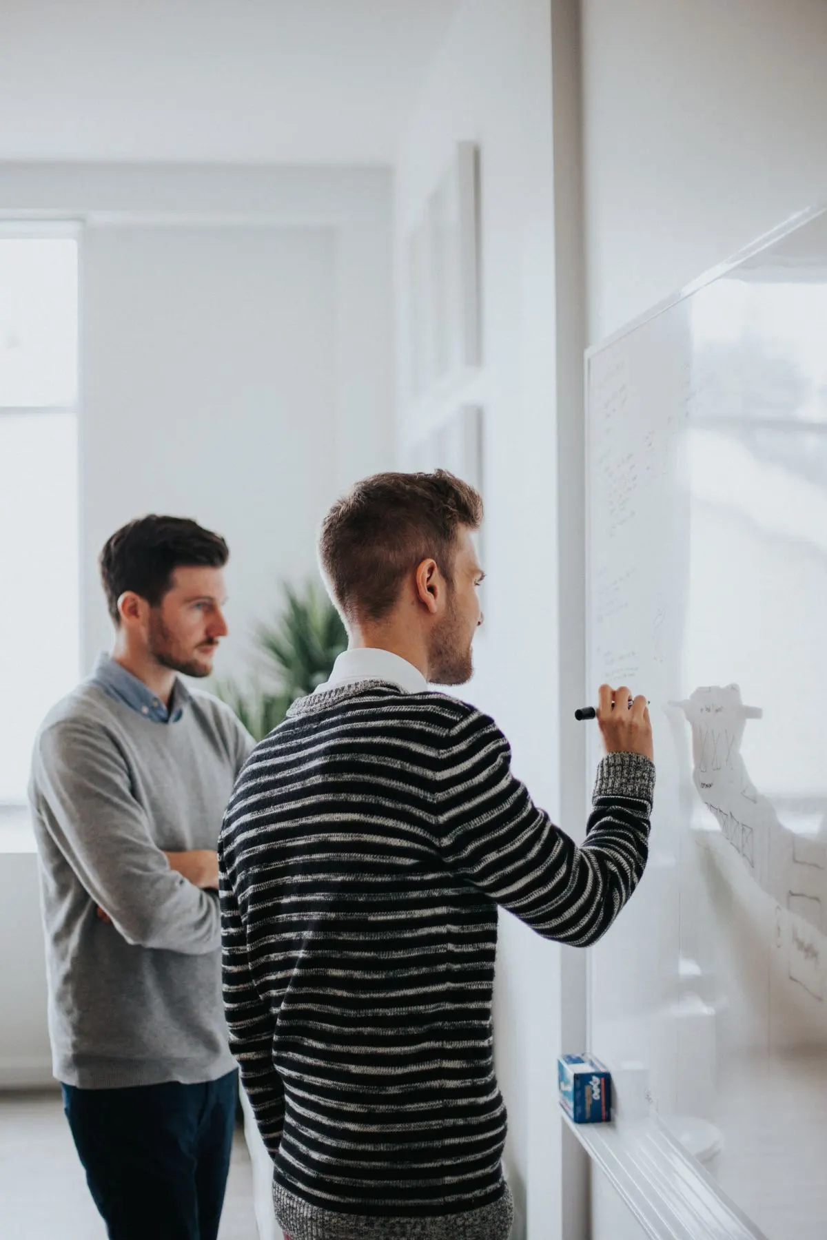 Twee ondernemers die samen aan een whiteboard staan.